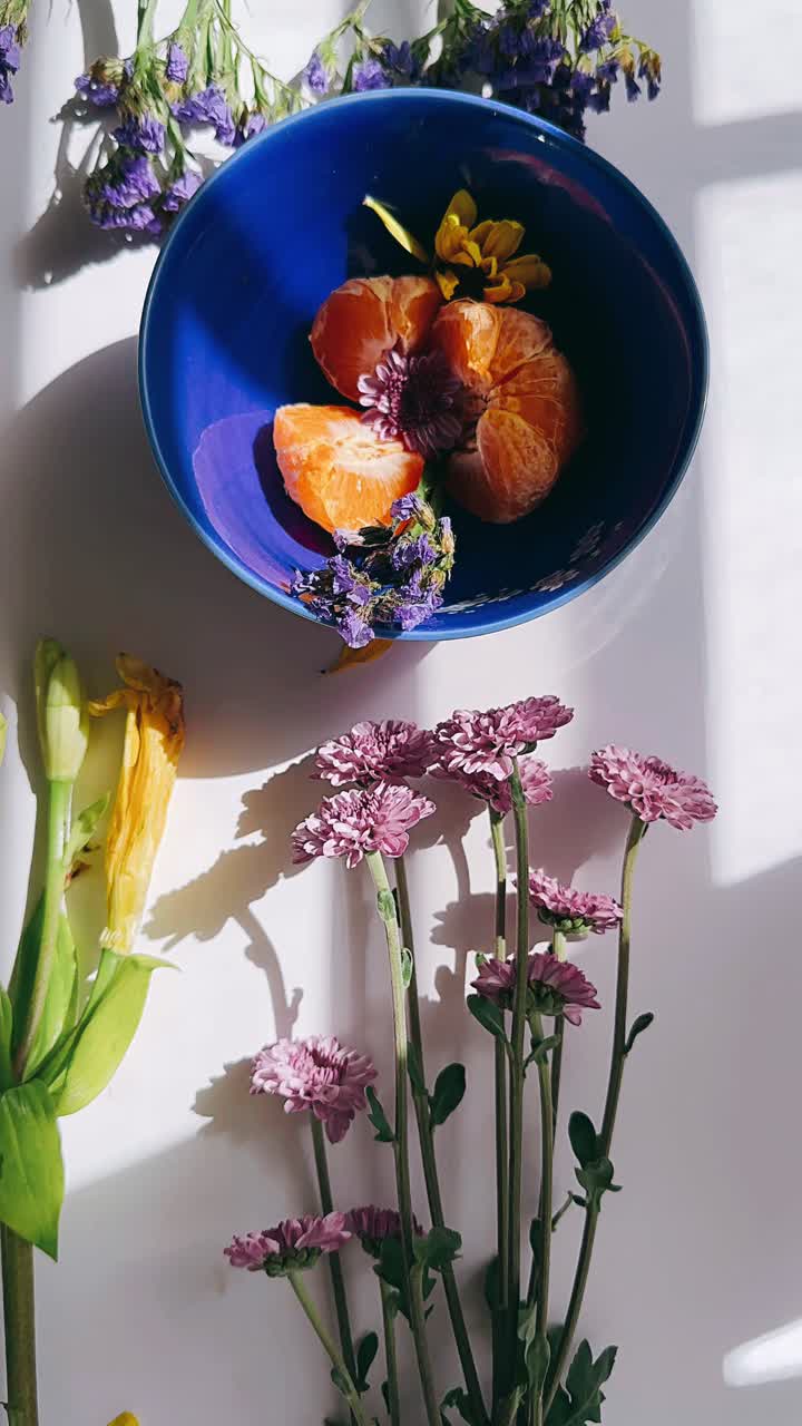 Floral Still Life with Mandarin Oranges in a Blue Bowl