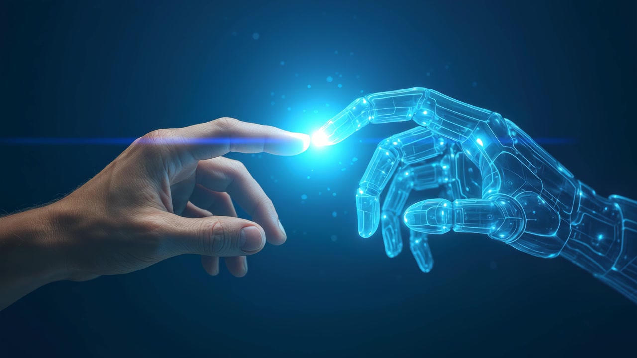 Mano umana e mano robotica che si uniscono con luce brillante.