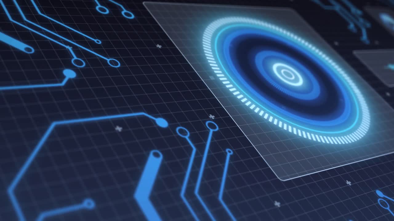 Animation of scope scanning and processor elements on screen over grid