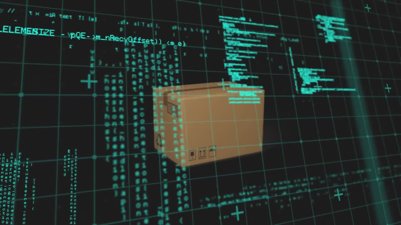 Data processing on grid network over delivery box falling against black background