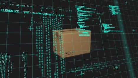 Datenverarbeitung-Im-Gitternetz-über-Lieferbox,-Die-Vor-Schwarzem-Hintergrund-Fällt