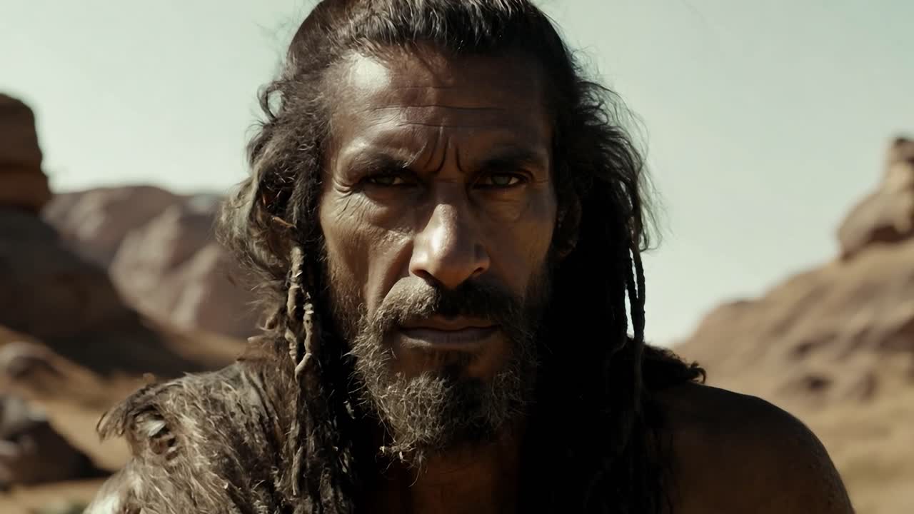 긴 머리와 수염을 가진 남자가 사막에 서서 카메라를 시 쳐다보고 있습니다.