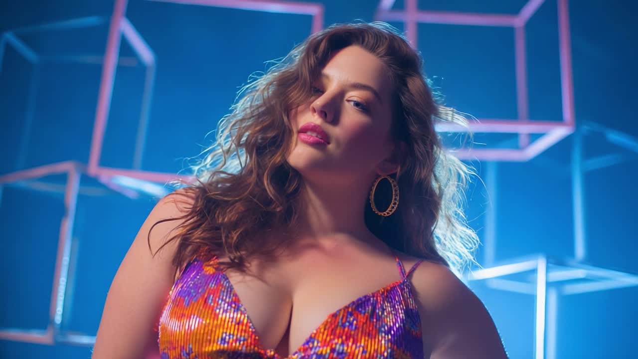 Captivating Fashion Portrait of a Confident Model in Vibrant Sequined Attire Against a Dynamic Backdrop of Geometric Shapes Highlighting Her Glamour and Charisma