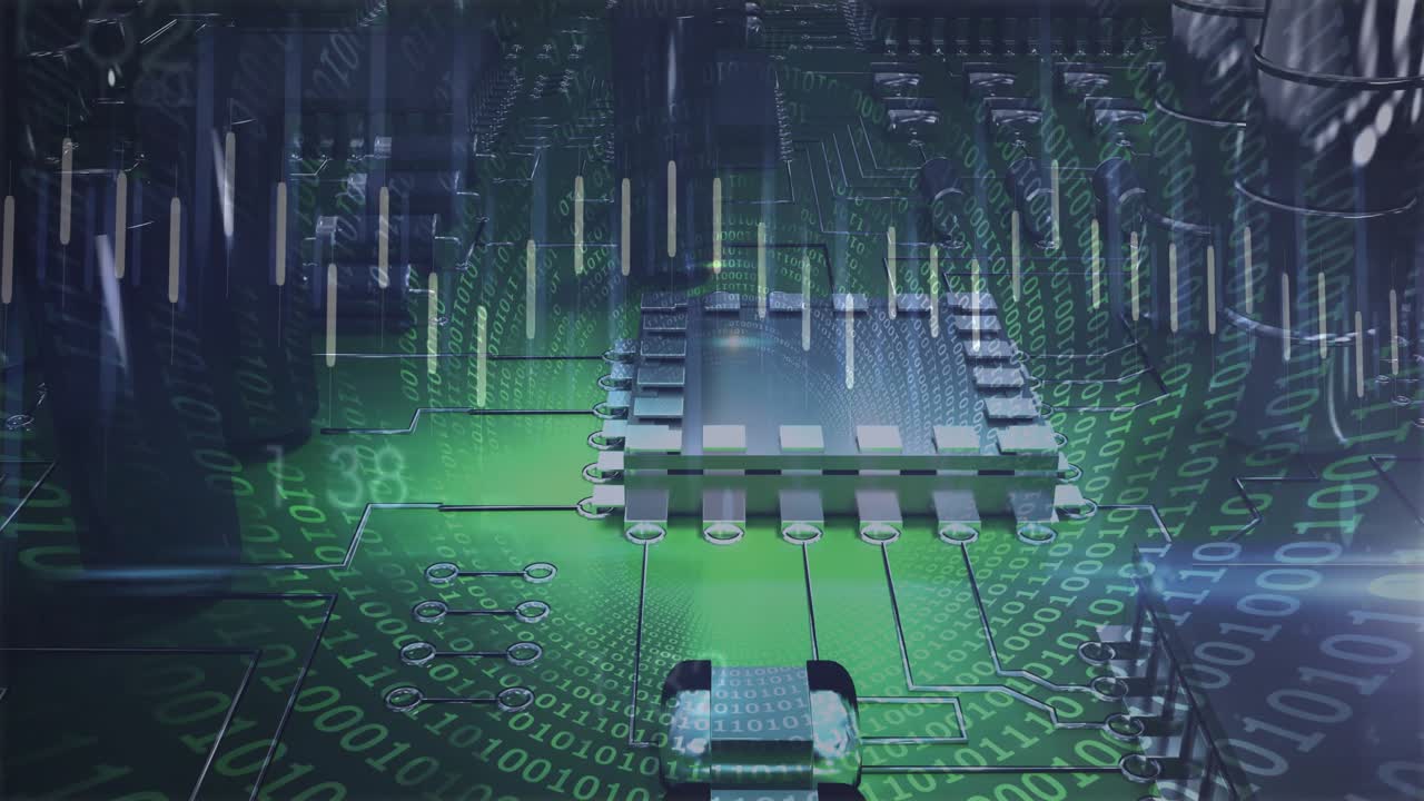 Upon receiving data stream microchip emitting binary swirl pulsing signal bars reflecting data flow