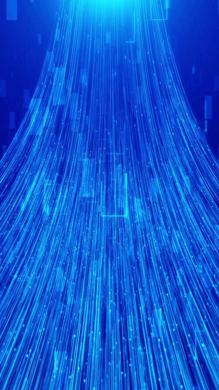 Blue data fiber light background bright beams falling from above glowing particles and high speed