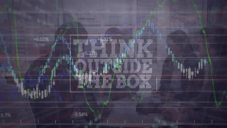 animation of data processing and diverse business people over think outside the box text