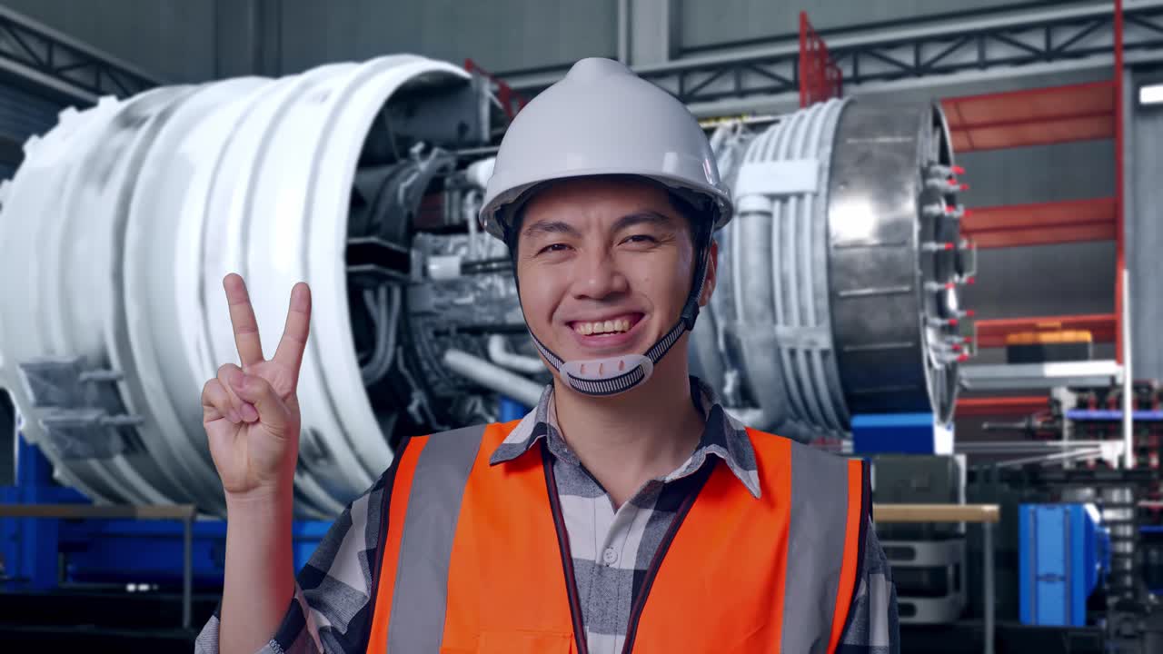Close Up Of Asian Male Engineer With Safety Helmet Smiling And Showing Peace Gesture While Standing With Airplane Engine Maintenance Conducted, Analytics Checking the Turbine