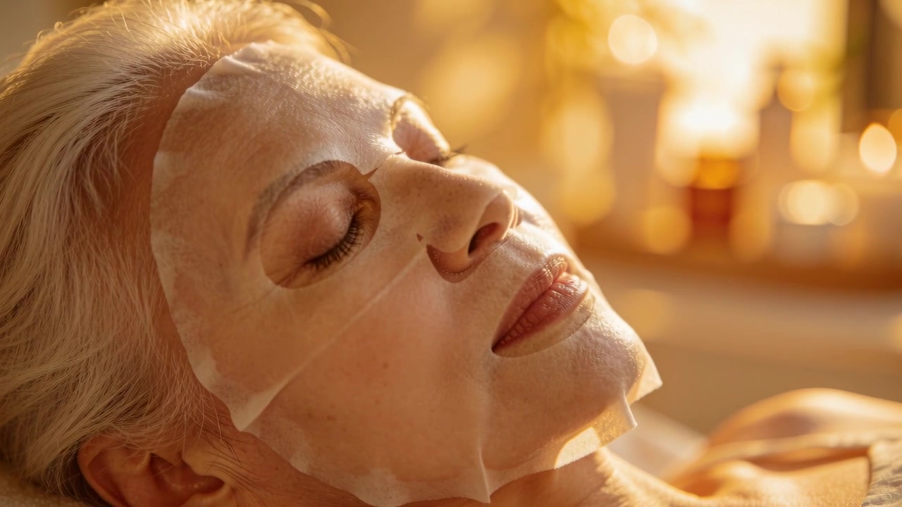 Liggende senior vrouw ademt langzaam na het aanbrengen van een masker in de spa, draagt een badjas, met huidverzorgingspotjes.