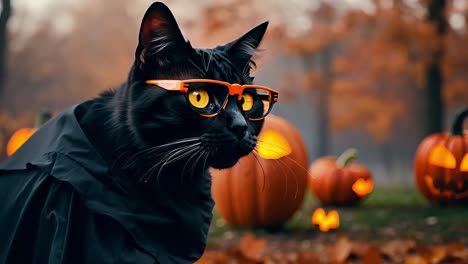 gatto nero con occhiali e mantello si siede tra zucche scolpite in una foresta nebbiosa d'autunno, creando una scena spettrale di halloween con zucche luminose