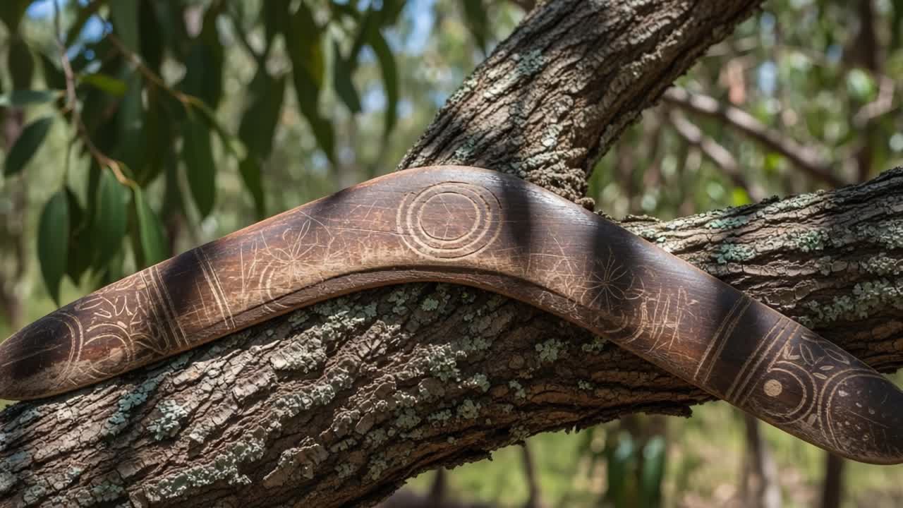 Beautifully Crafted Wooden Boomerang Resting on a Textured Tree Branch, Showcasing Intricate Designs and Natural Surroundings in a Serene Outdoor Setting
