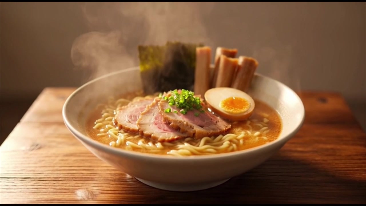 Mangkuk Ramen Jepang Tradisional yang Mengepul di Atas Meja Kayu