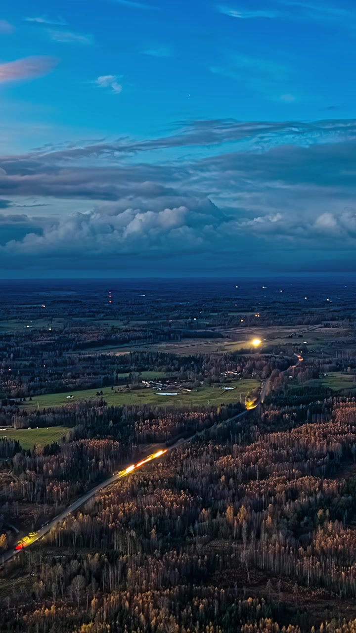 Vista aerea all'ora blu sopra foreste e campagna con auto illuminate che percorrono la strada con i fari accesi, sfondo verticale la sera.