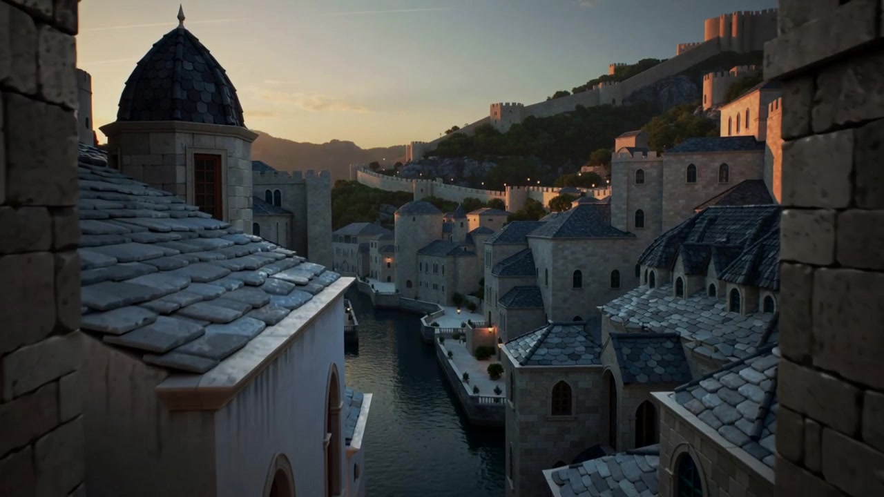 Vista che si allontana rivelando un canale centrale e un lungomare in pietra al crepuscolo, esponendo i tetti.