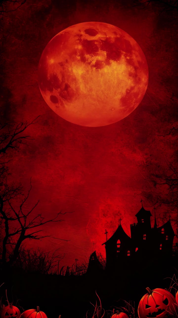 Scena inquietante di Halloween con la casa infestata e la luna rossa