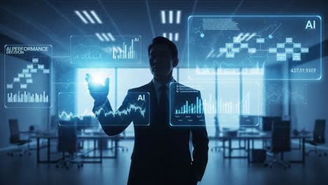 a professional in a modern office environment interacting with advanced ai technology and analyzing data visualizations to enhance business performance and decision-making processes