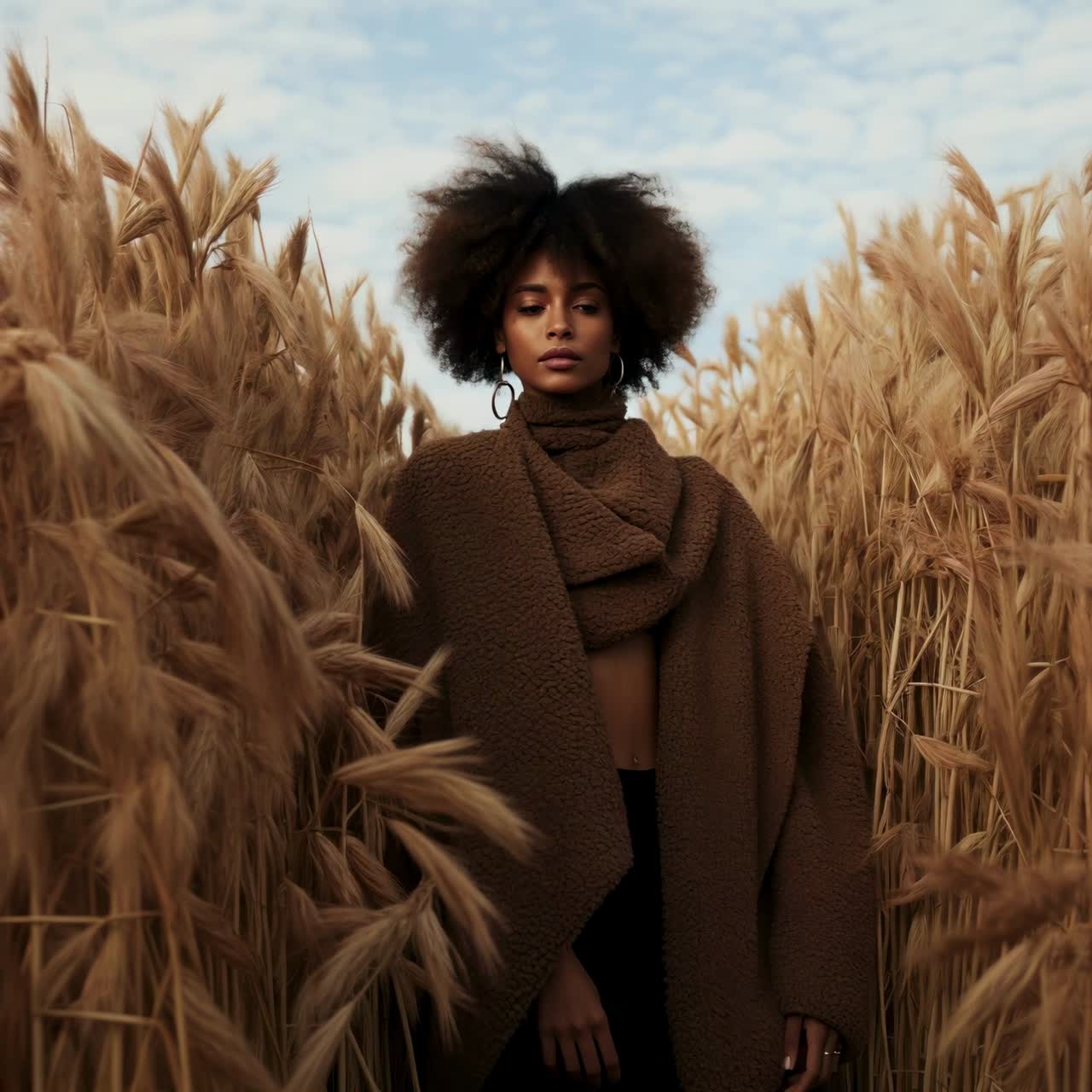 A woman stands confidently in a wheat field, wrapped in a brown coat