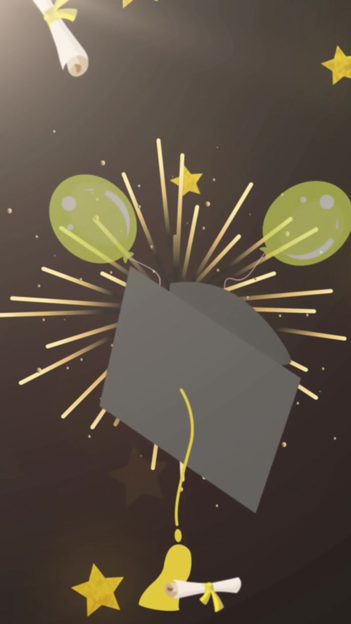 Animazione di icone di lettere di laurea su stelle e fuochi d'artificio su sfondo nero.