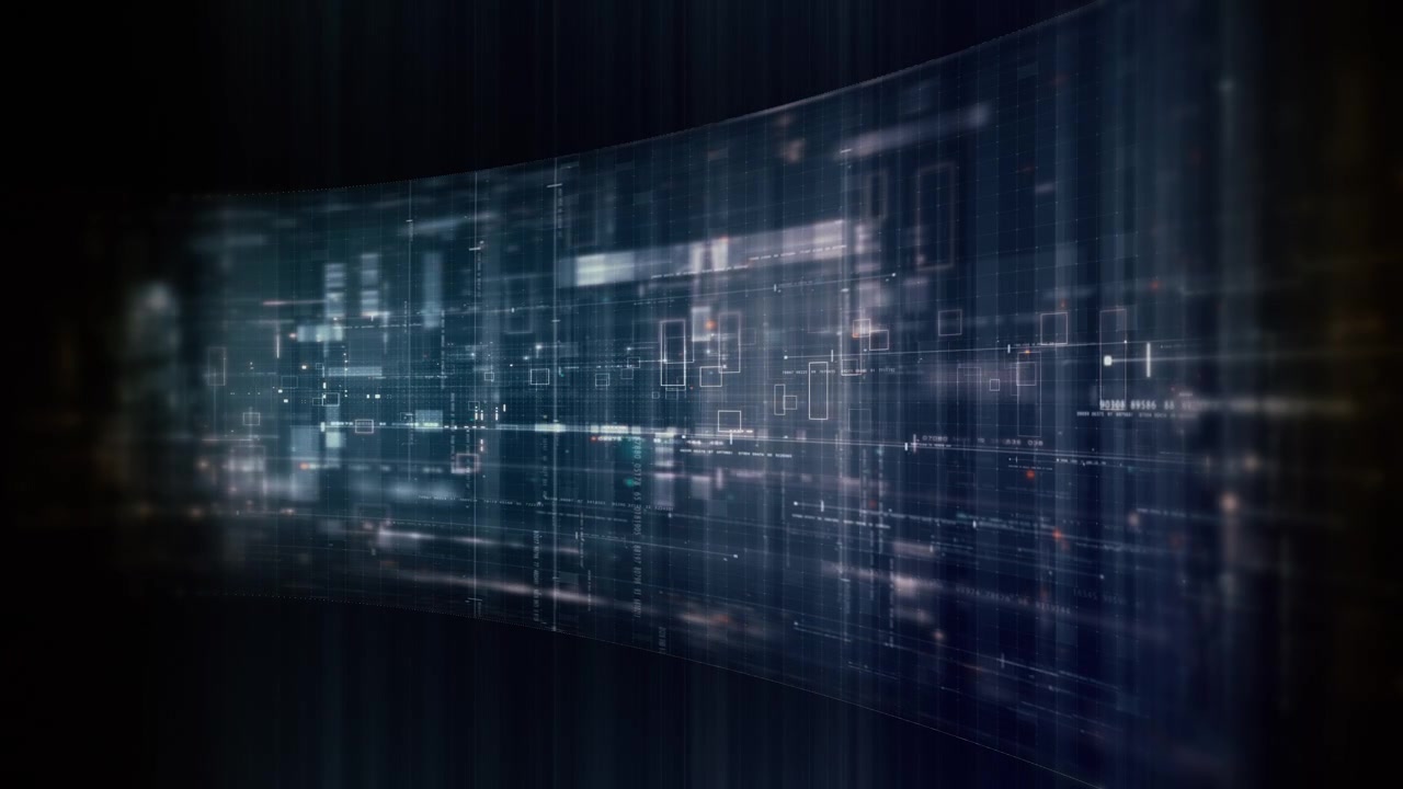 Futuristic data network visualization with glowing digital streams, big data analytics interface, cyber technology background and communication system in curved virtual display