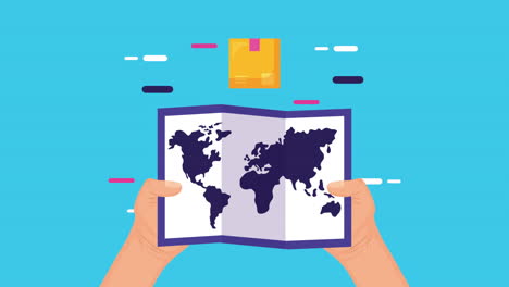 animación del servicio logístico con mapa y caja en papel