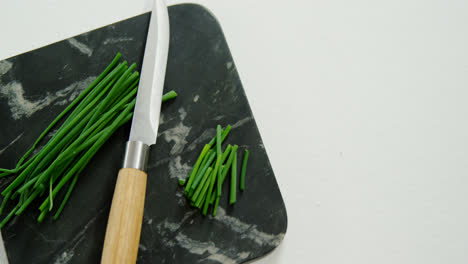 scallions and knife on black slate plate 4k