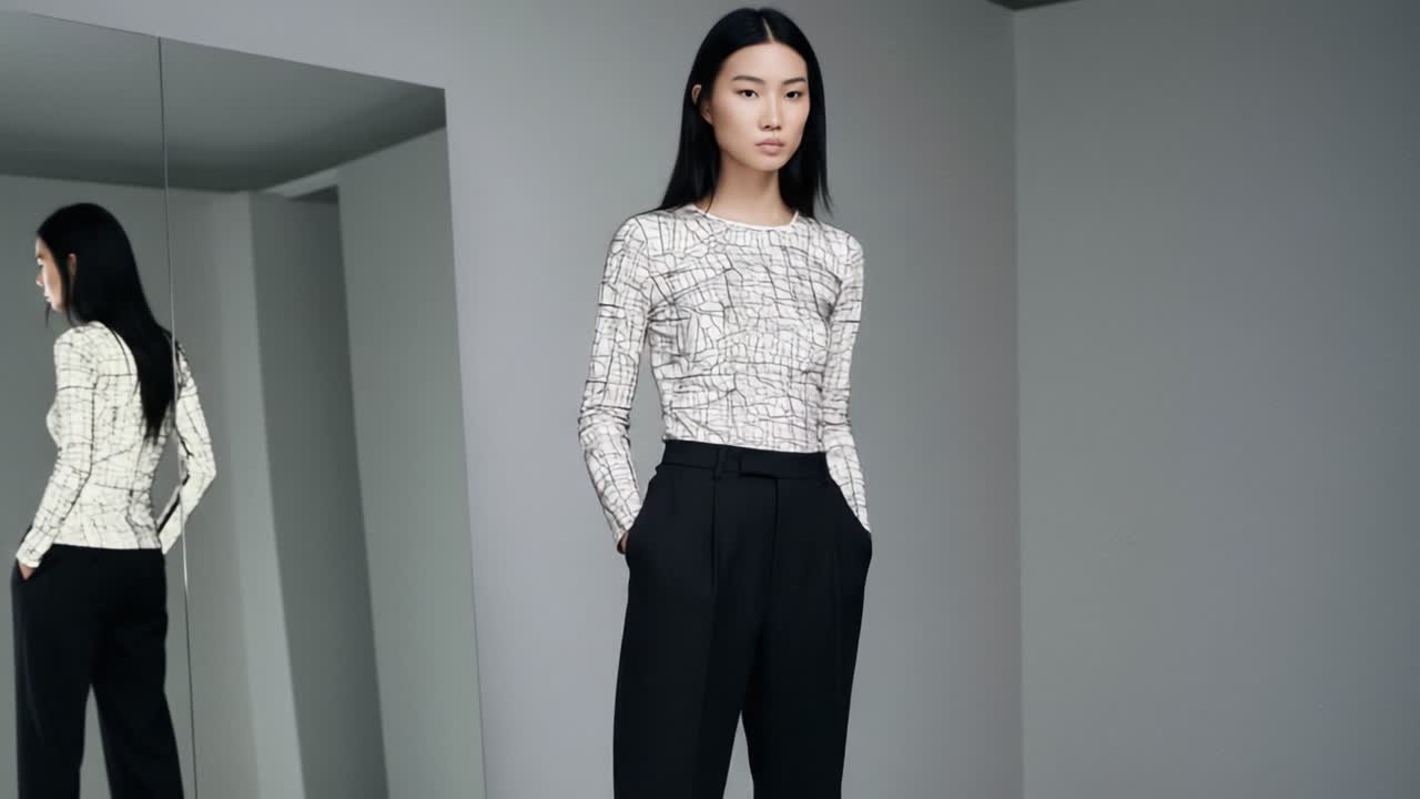 A Fashionable Model Poses in a Minimalistic Environment, Showcasing a Stylish Outfit with Contemporary Lines and Textures Reflecting Modern Aesthetics