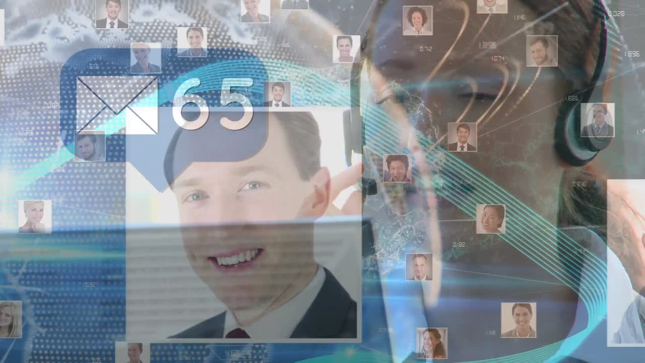 전화 헤드 ⁇ 을 사용하는 비즈니스 여성을 통해 연결 네트워크의 애니메이션