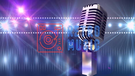 animation of neon retro music and dj console over retro microphone over glowing spots of light