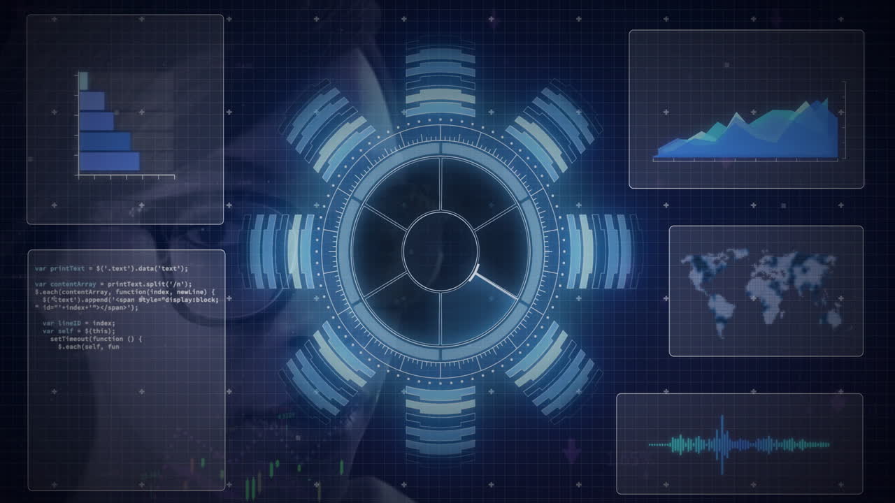 Animation of futuristic data interface with graphs and code in school setting