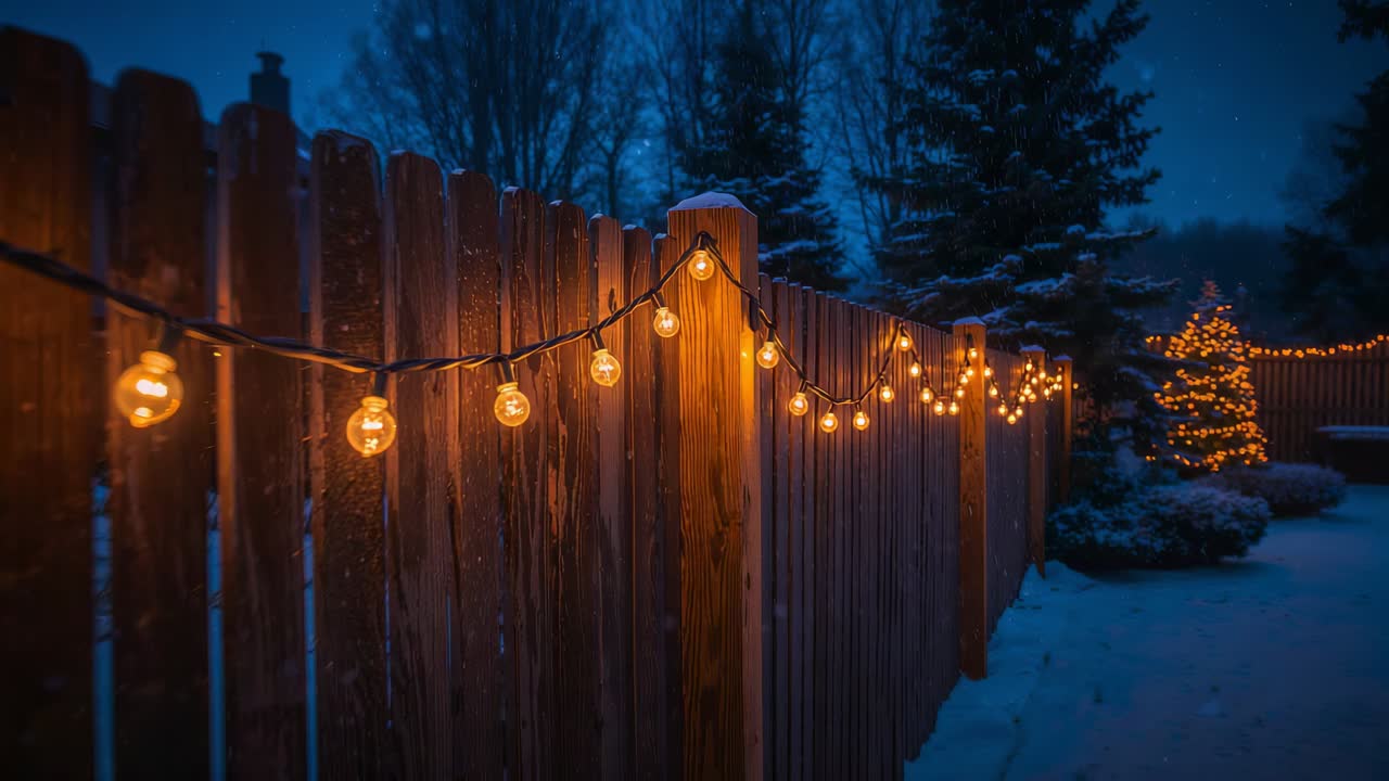 Camera starting panning wooden picket fence in snowy backyard twilight, showing warm globe lights