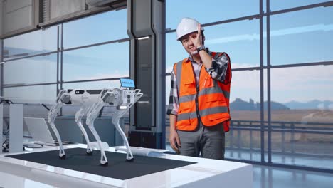 cuerpo lleno de ingeniero masculino asiático con casco de seguridad de pie en una fábrica de alta tecnología, analizando el concepto de la máquina robótica. sonriendo a la cámara y mostrando ok señal de mano sobre el ojo