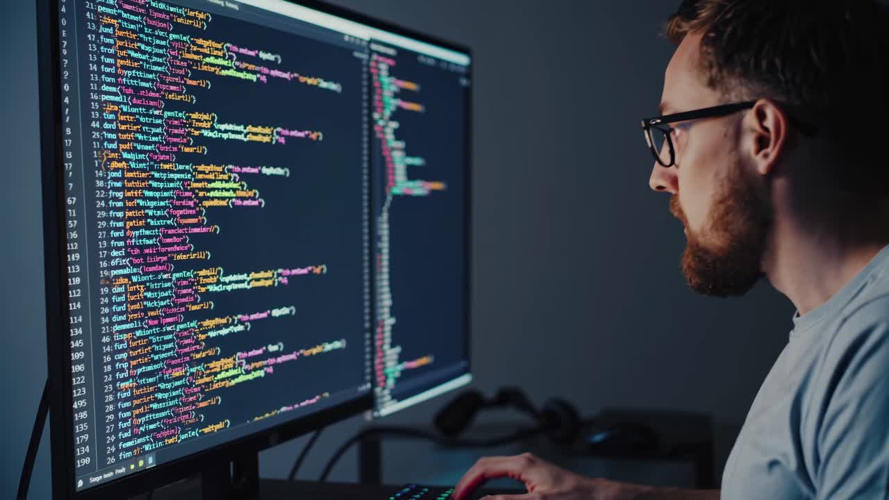 Side angle of a programmer coding on a dual monitor setup, showcasing colorful code