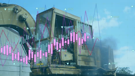 analyzing financial data animation over operating industrial machinery in factory