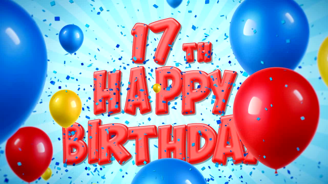 17 cumpleaños feliz texto rojo aparece en confeti popper explosiones cayendo y partículas de brillo, coloridos globos voladores animación de bucle sin fisuras para deseos saludos, fiesta, invitación, tarjeta.