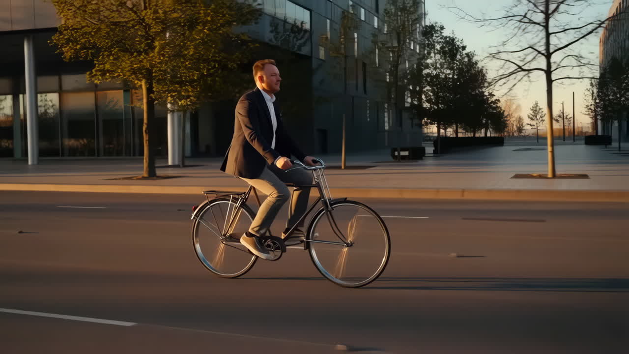 A man in a suit rides a bicycle on a city street during golden hour