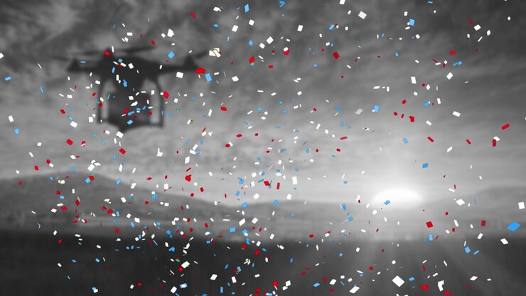 American-themed confetti animation celebrates patriotism over a cloudy sky.
