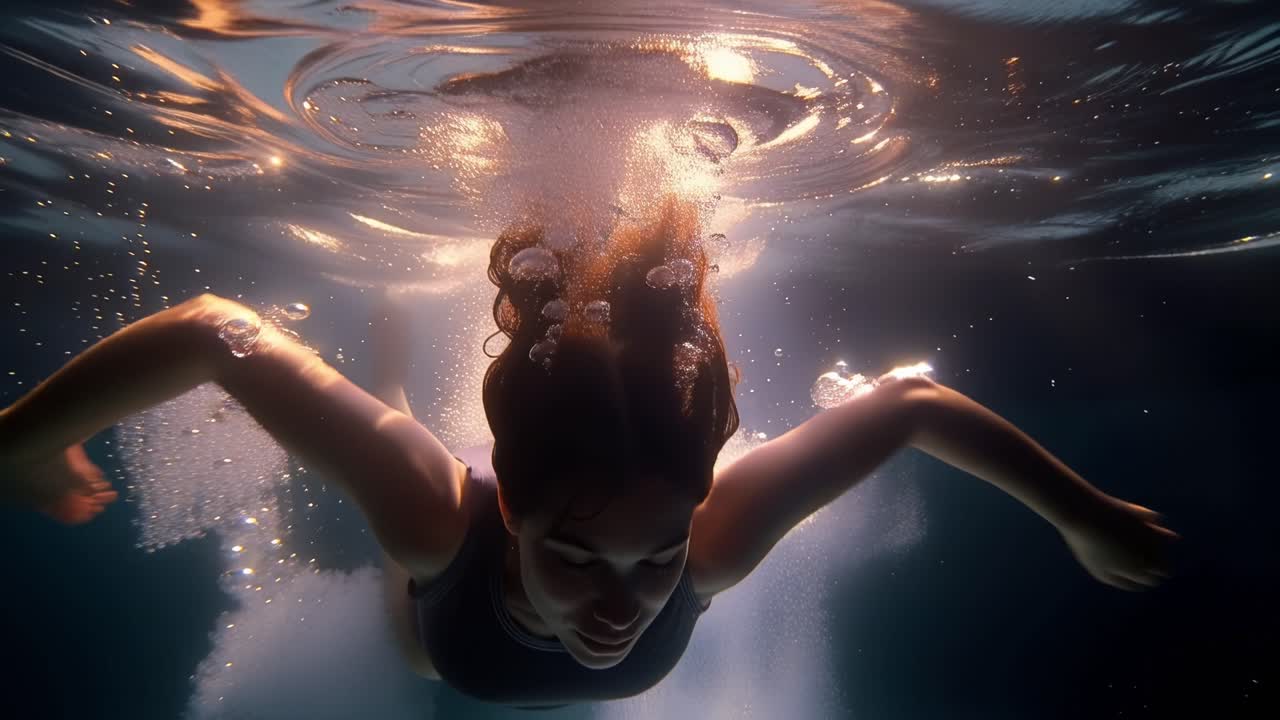 Giovane donna che nuota con grazia sott'acqua con riflessi di luce dorata.