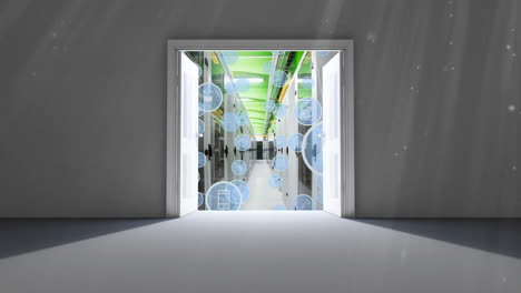 Dark doors opening on a server room with icons flying