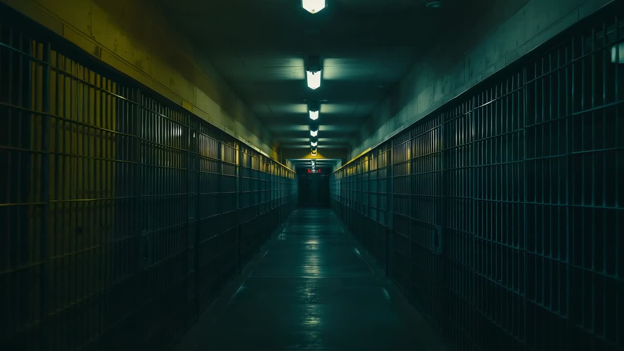 Recording camera capturing prison corridor for security, lights flickering, bars lining