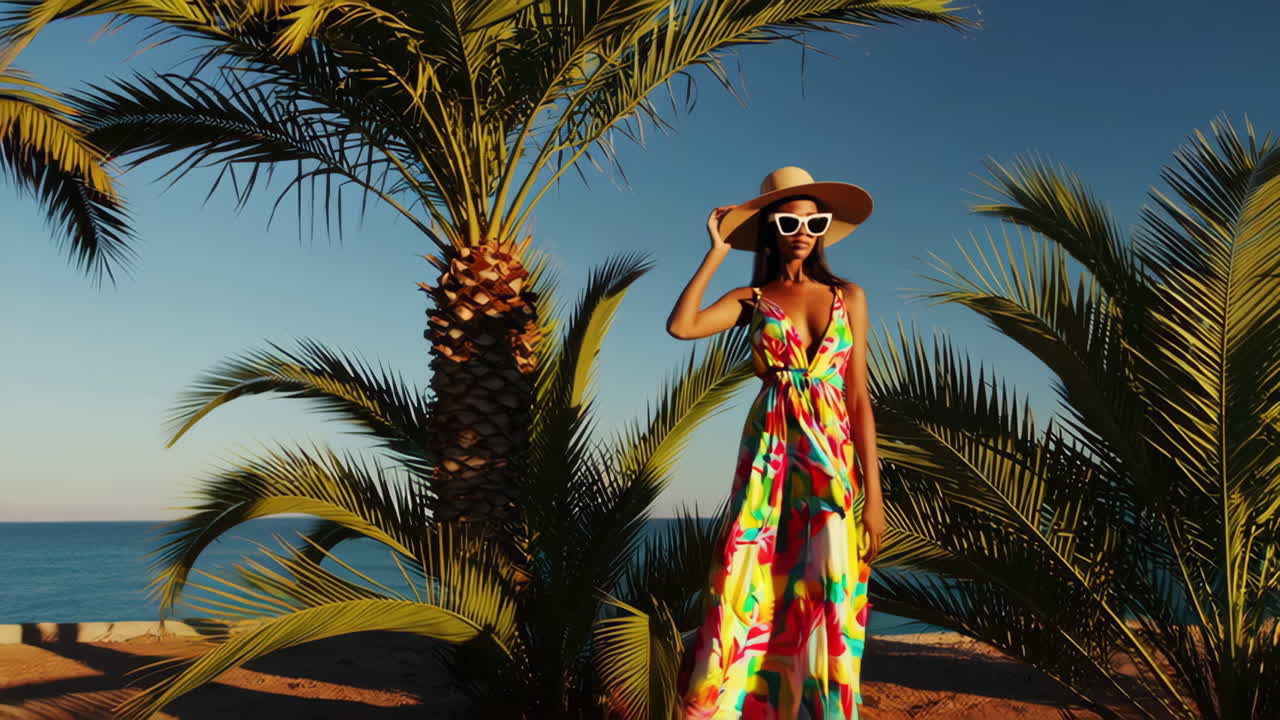 Woman Posing in Colorful Dress and Hat by Palm Trees