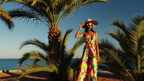 woman posing in colorful dress and hat by palm trees