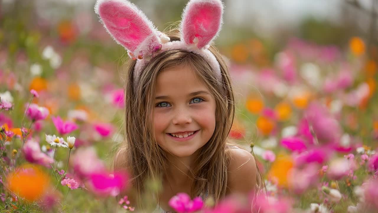 Young girl wearing bunny ears smiles in colorful flower field