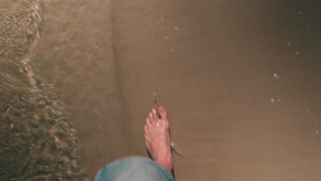 person walks barefoot at the beach facing the shore