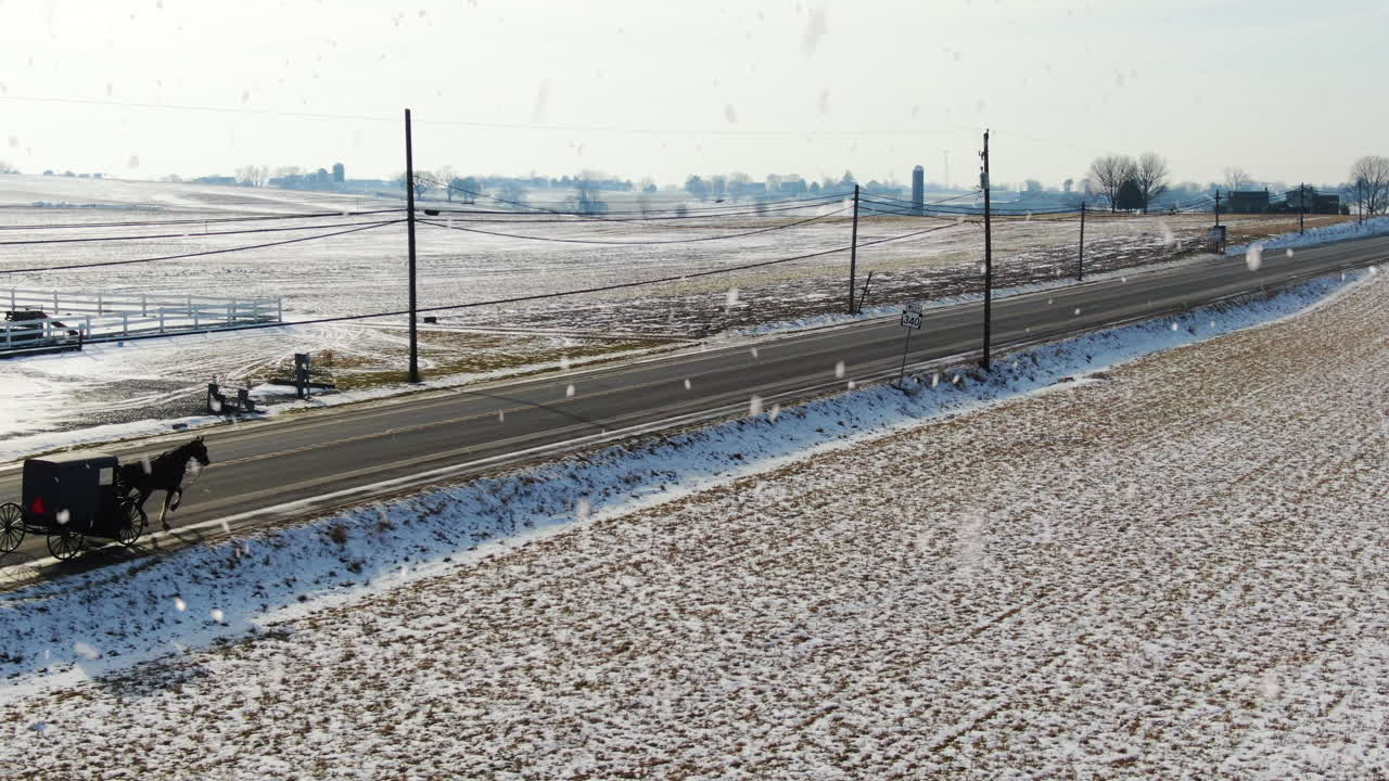 겨울 시골 길을 따라 눈이 내리는 공중 말이 끄는 마차