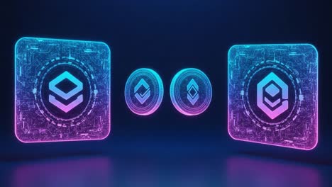 futuristic digital display of abstract technological symbols in vibrant colors, showcasing interconnected circular and square shapes with neon effects