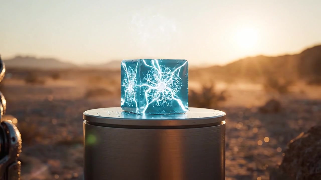 En futuristisk robot med en elektrifierande kub i ett ökenlandskap under solnedgången, som visar avancerad teknik och estetiska visuella effekter.