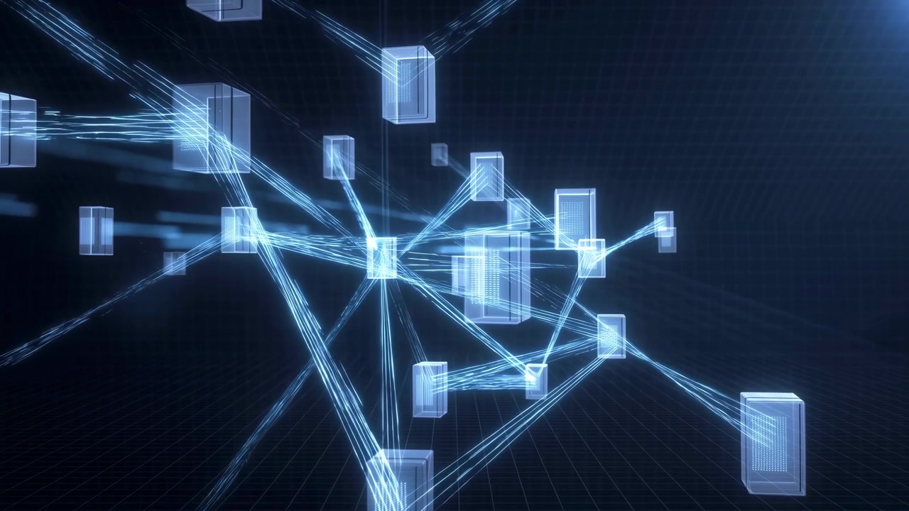 Futuristic Digital Network Glowing Nodes And Data Streams Connecting Translucent Blocks On Dark Grid Backdrop,