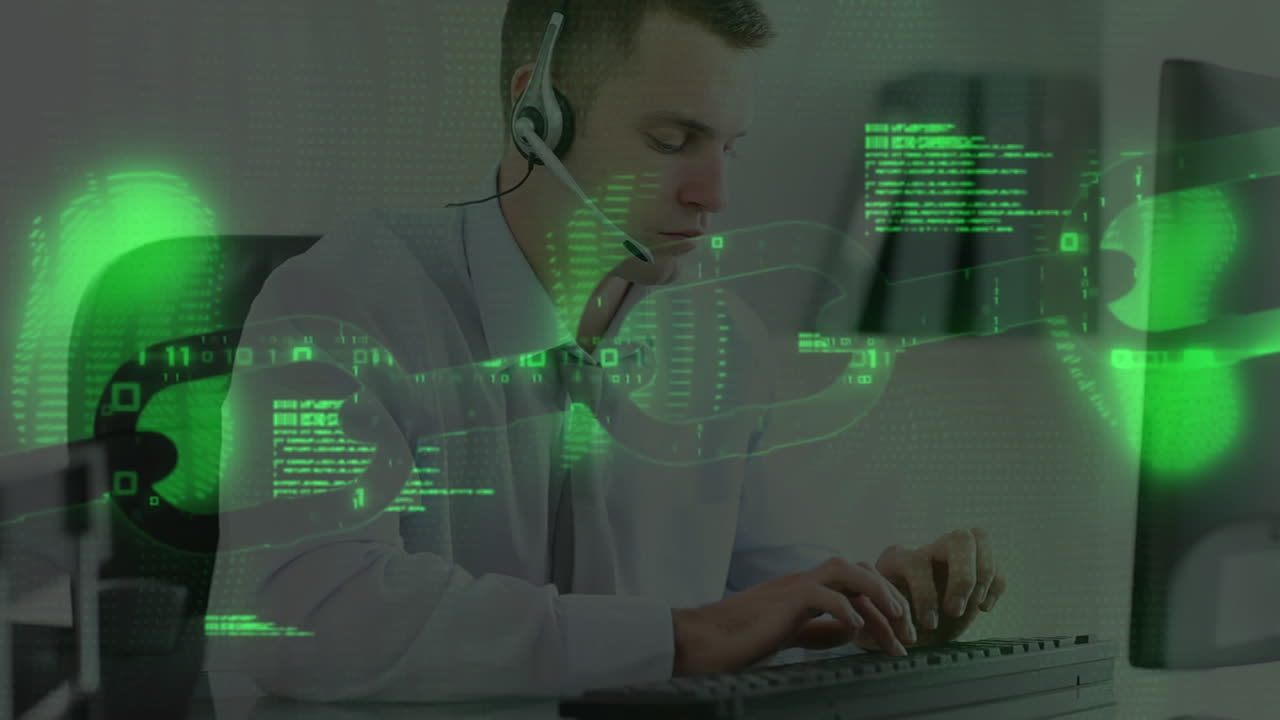 animación de la cadena y el procesamiento de datos sobre un hombre de negocios con auriculares