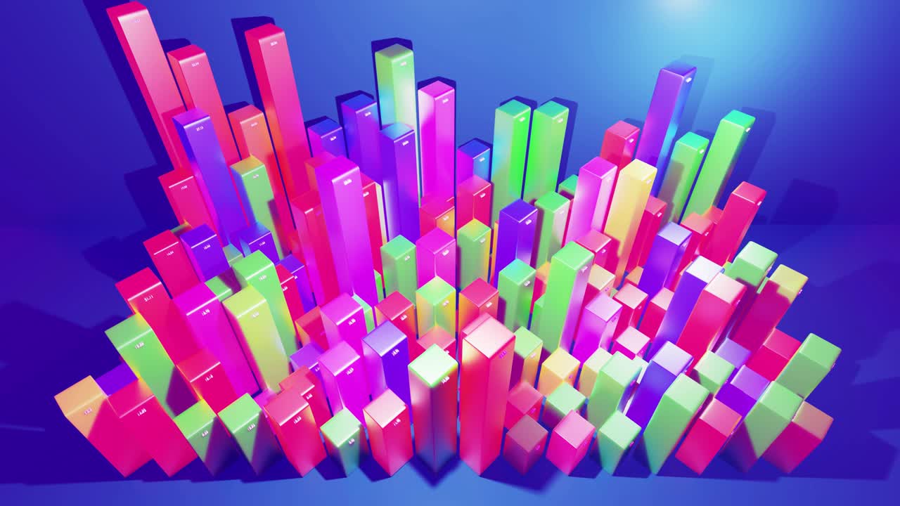 hermoso fondo en bucle 3d para programas analíticos con infografías abstractas, datos estadísticos. barras multicolores, contadores y gráficos. columnas 3d se mueven suavemente arriba y abajo en bucle. bg financiero