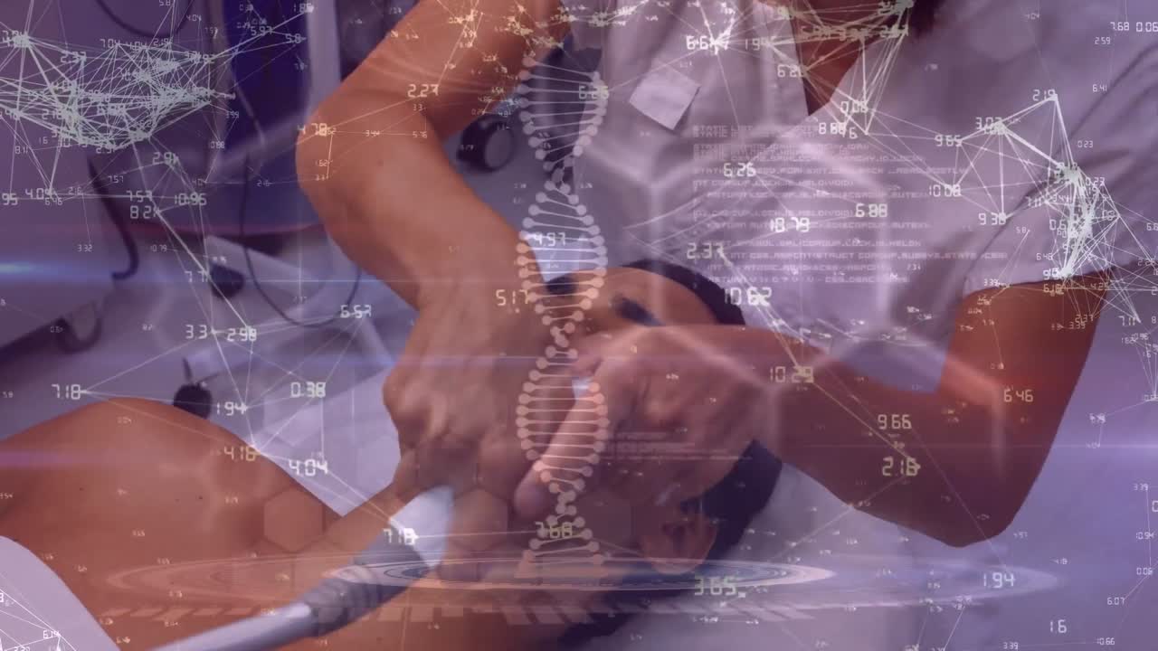 animación de adn y fórmulas sobre diversos pacientes varones y doctores durante el tratamiento con láser