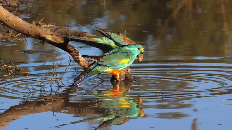 A colorful mulga parrot drinks from a pond in Australia 1